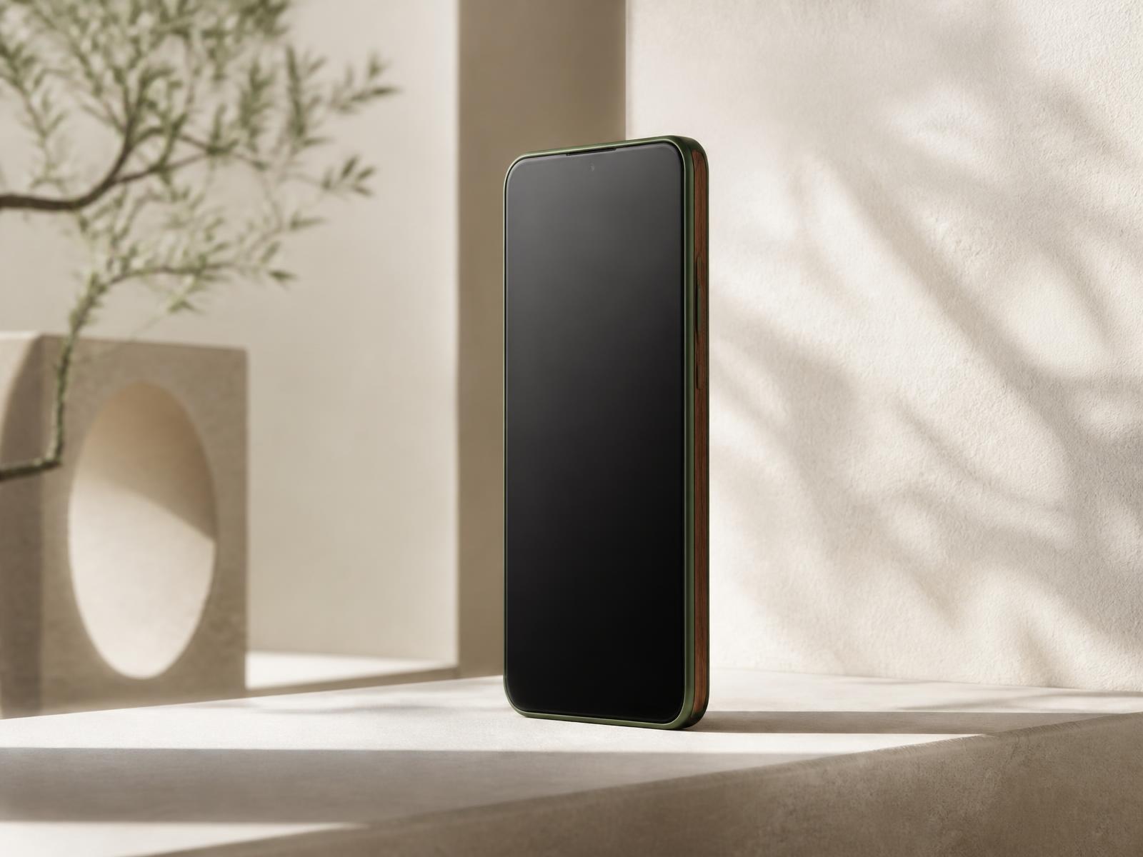 Lyra Phone 15 in hunter green aluminium with a walnut edge inlay on a pale plaster ledge
